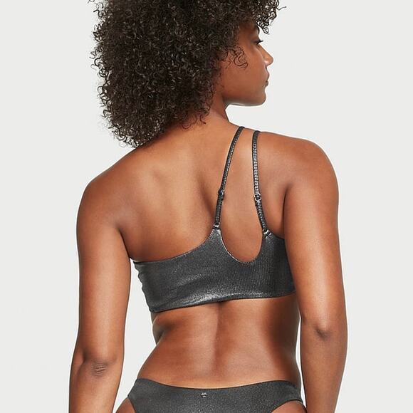 VICTORIA'S SECRET One Shoulder Cut Out High Waist Bikini Set Silver Foil L XL - Picture 2 of 13